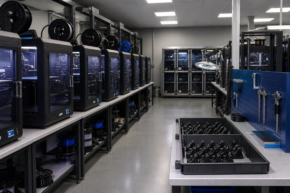 Organized production room with multiple enclosed 3D printers