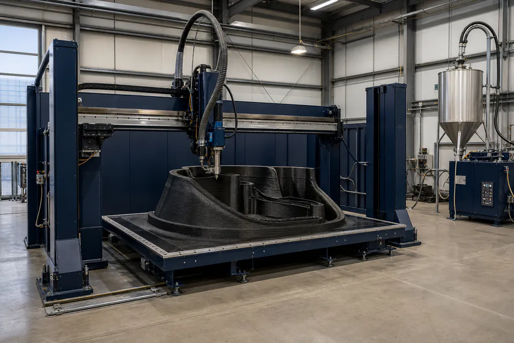 Illustrative large-format FGF pellet 3D printer building a composite tooling mold in an industrial cell