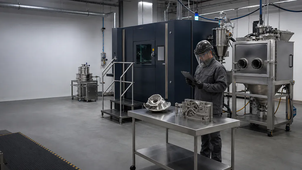 Unbranded industrial metal LPBF system with powder handling station and printed metal impeller