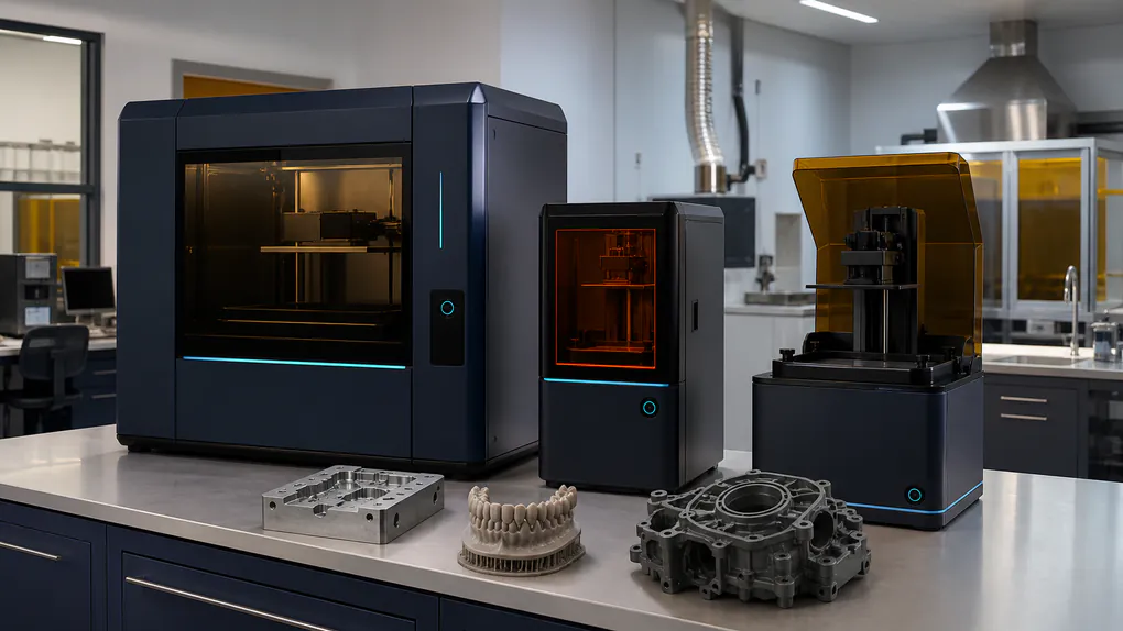 Unbranded industrial SLA resin 3D printer systems in a clean additive manufacturing lab